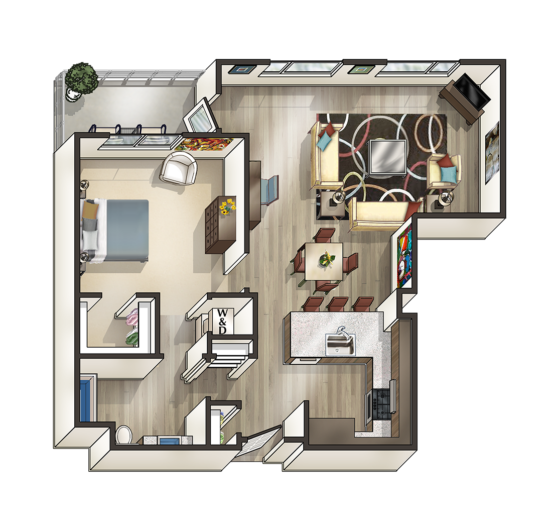 Floor plan for 1 bed, 1 bath, 915 sqft